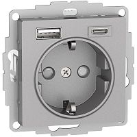 Розетка с заземлением +2xUSB тип A+C без рамки Systeme Electric AtlasDesign 1-м. алюминий картинка